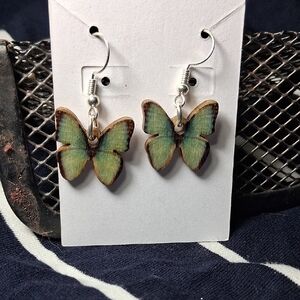 Handmade Green Butterfly Wood Drop Earrings - Women Jewelry